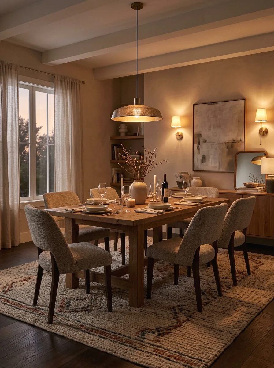 layered rug and ambient lighting