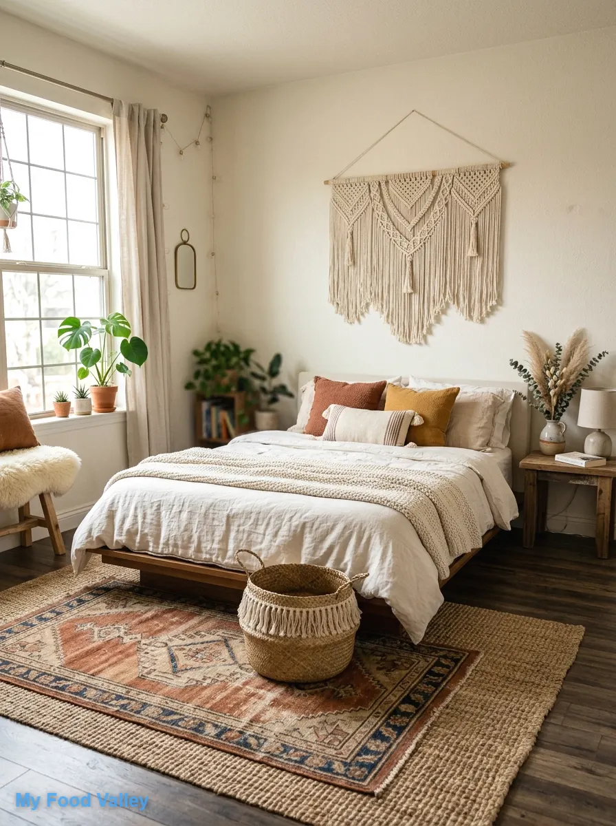 layered rugs and a macrame wall hanging retreat