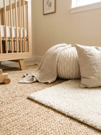 layered rugs and textured bedding
