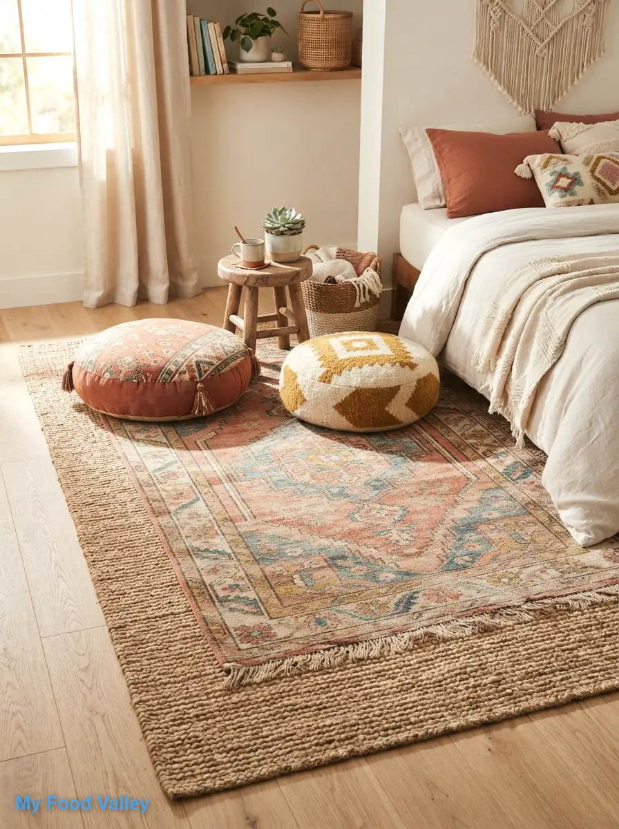 layered rugs in colorful kilim and natural jute
