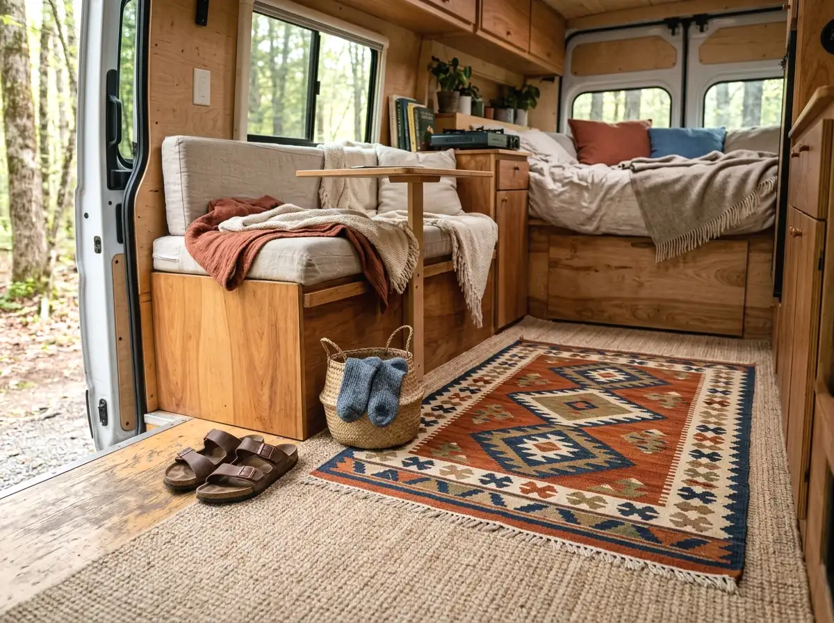 layered rugs on the van floor