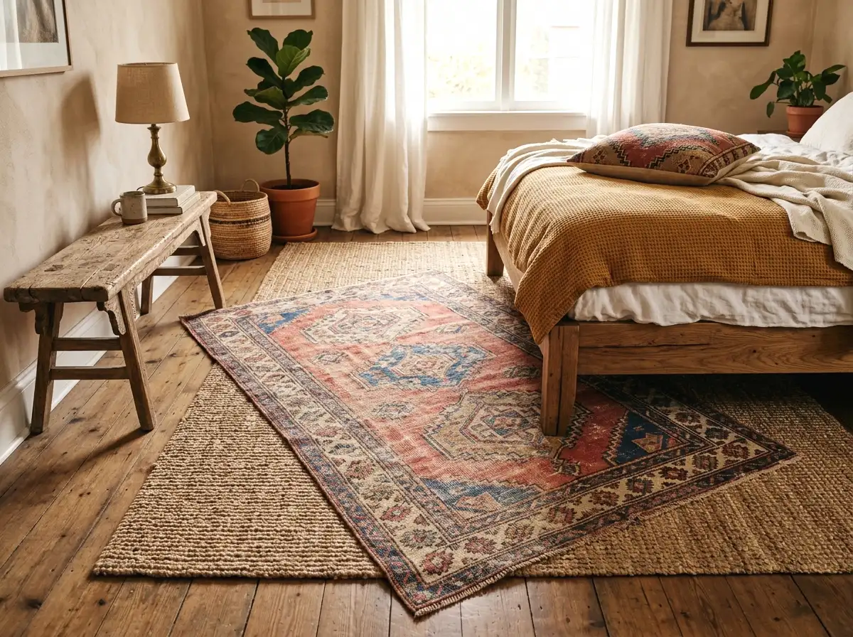 layered rugs with vintage patterns