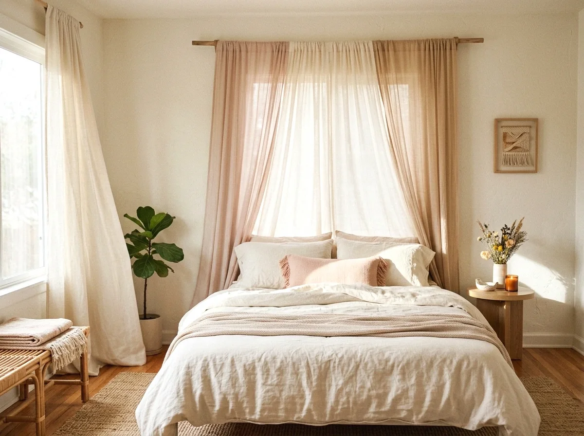 layered sheer curtain headboard
