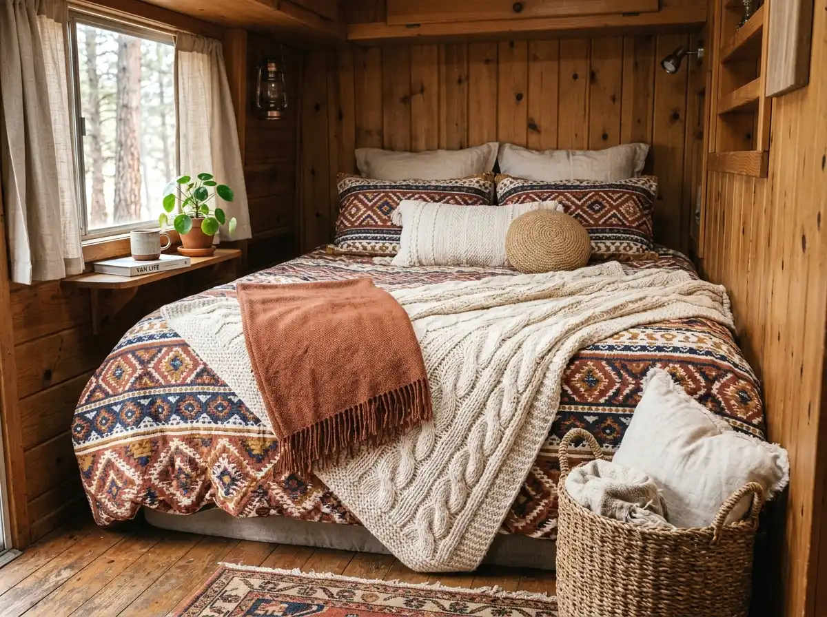 layered textiles and throws on the bed nook