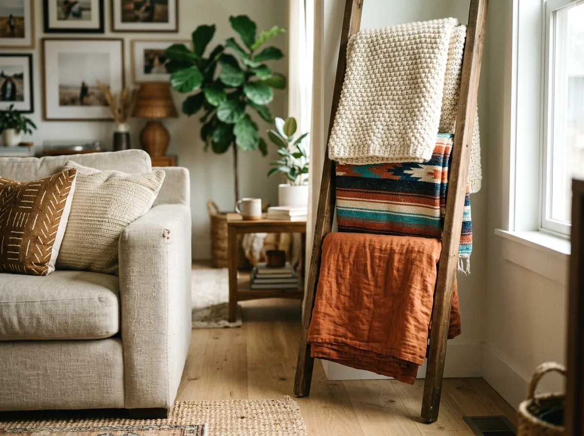 layered textiles: blanket ladder beside the sofa