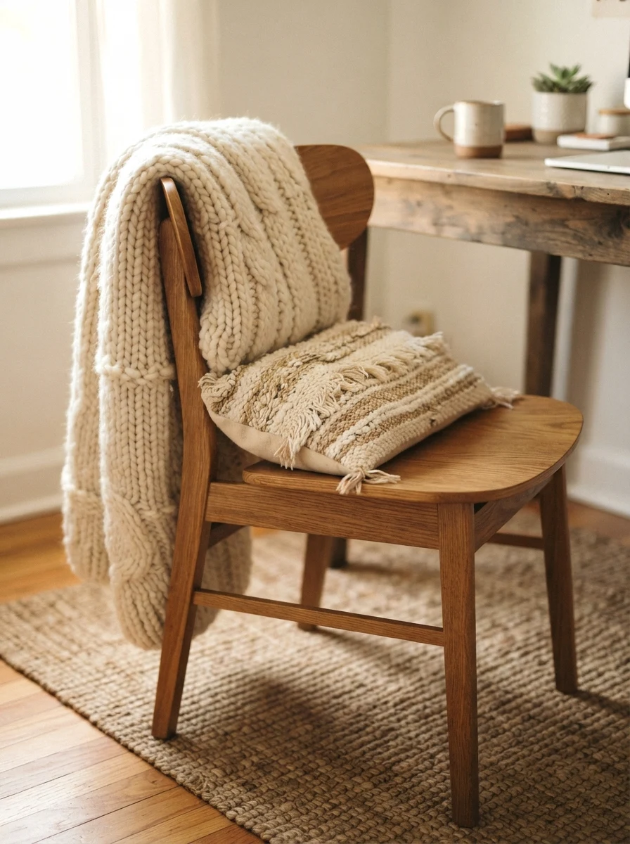 layered textiles on the desk chair