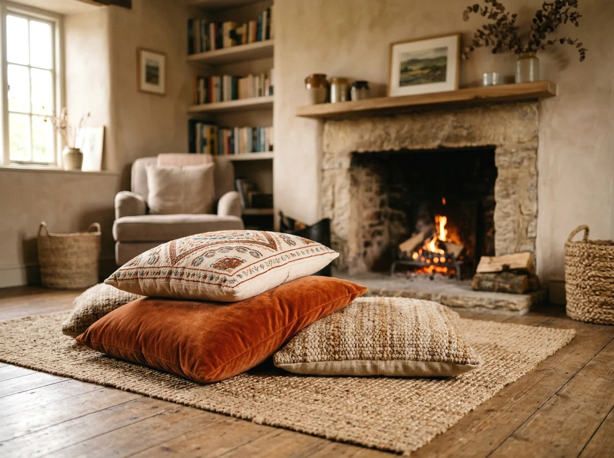 layered textural cushions on the floor seating area