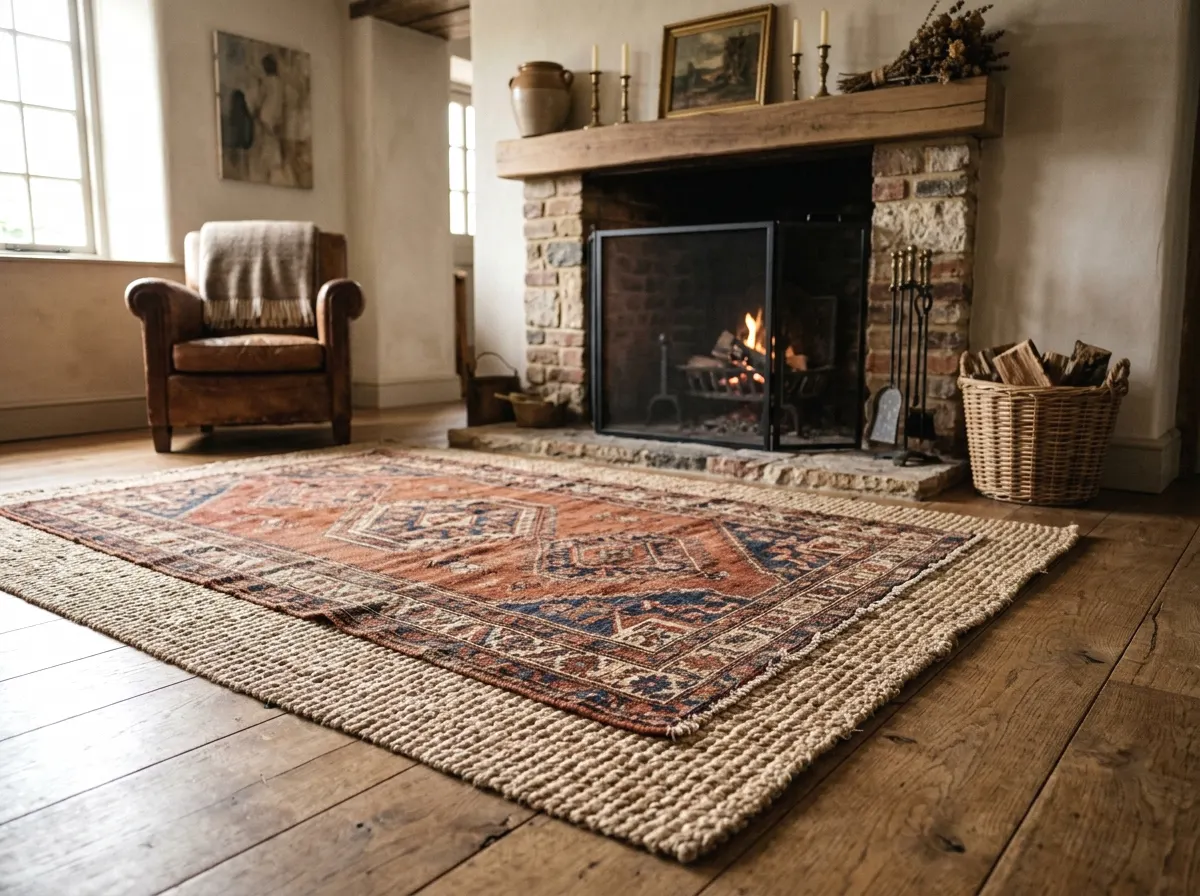 layered vintage rugs in front of the hearth