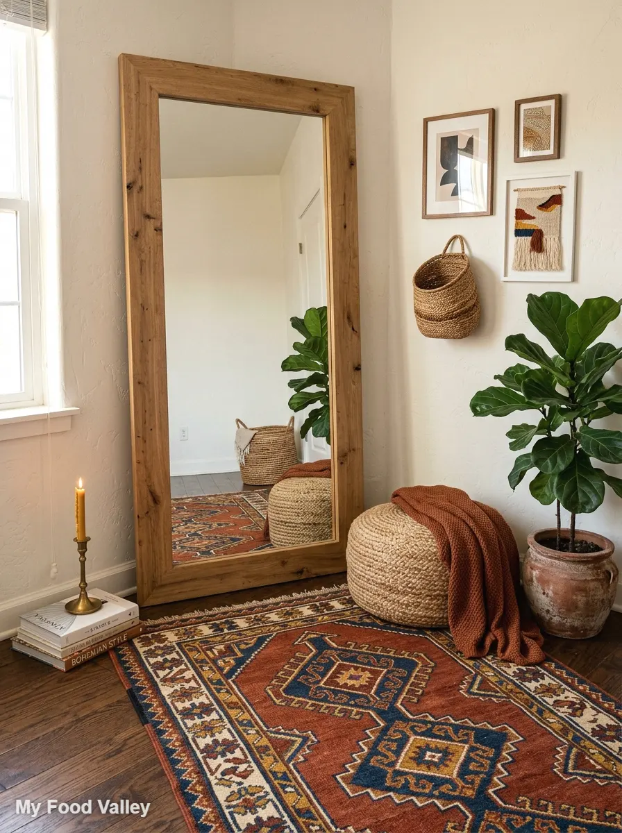 leaning mirror styled with a kilim rug