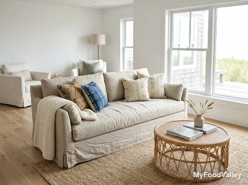 linen slipcovered sofas in sand and ivory