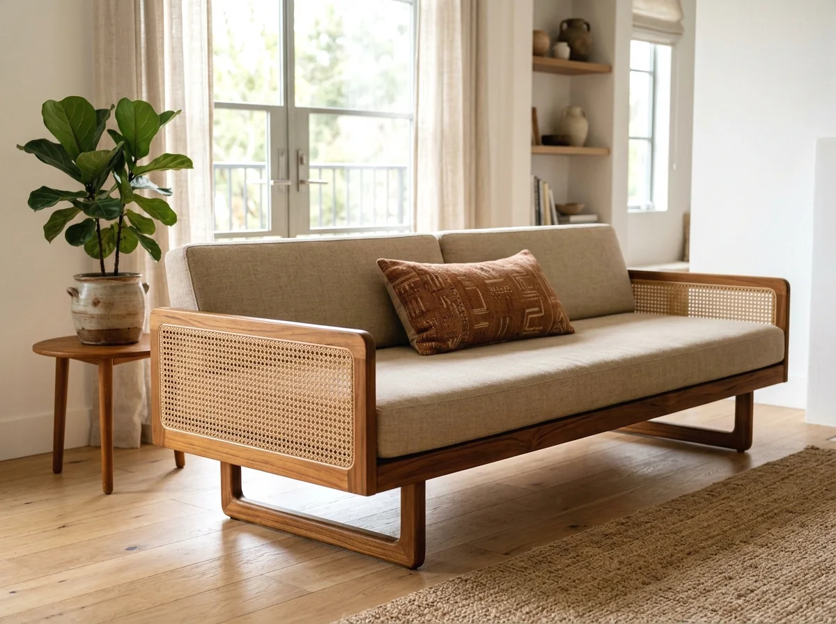 low-profile wooden frame sofa with woven accents