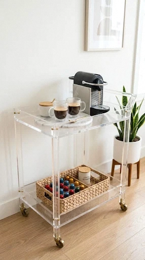 lucite bar cart coffee station