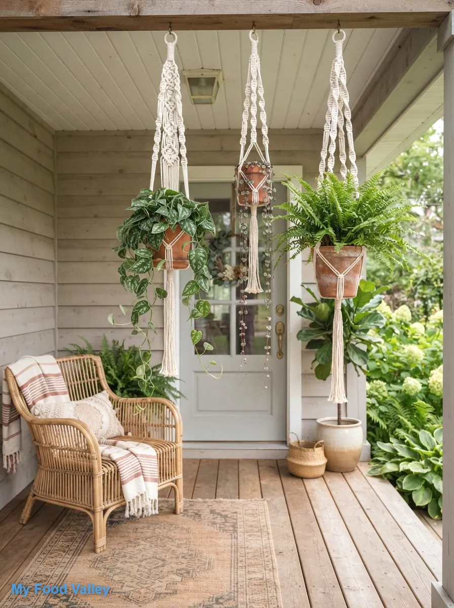 macramé plant hangers from the porch ceiling