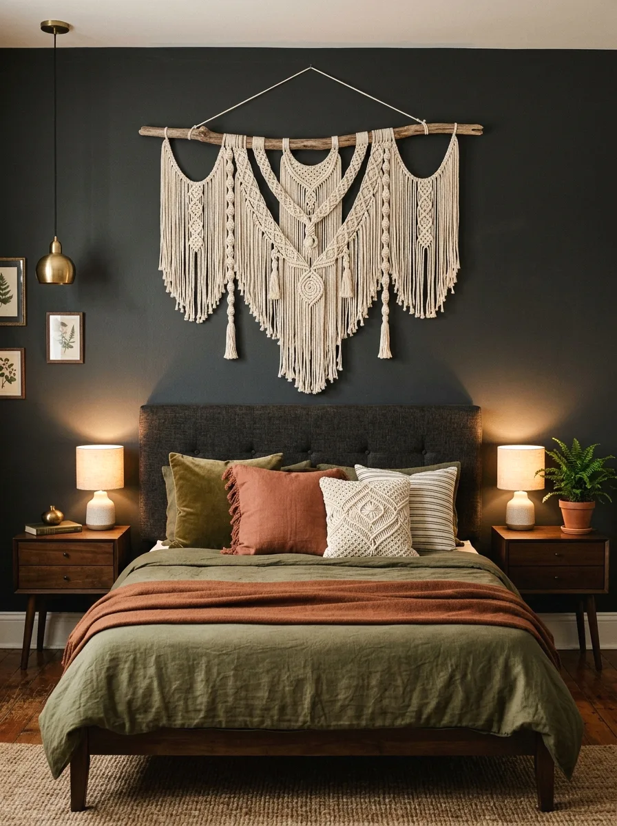 macramé wall hanging above a dark headboard
