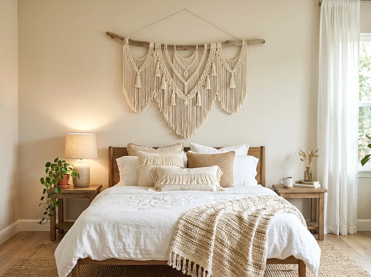 macramé wall hanging above the bed