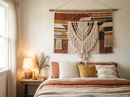 macrame and tapestry mix above the bed