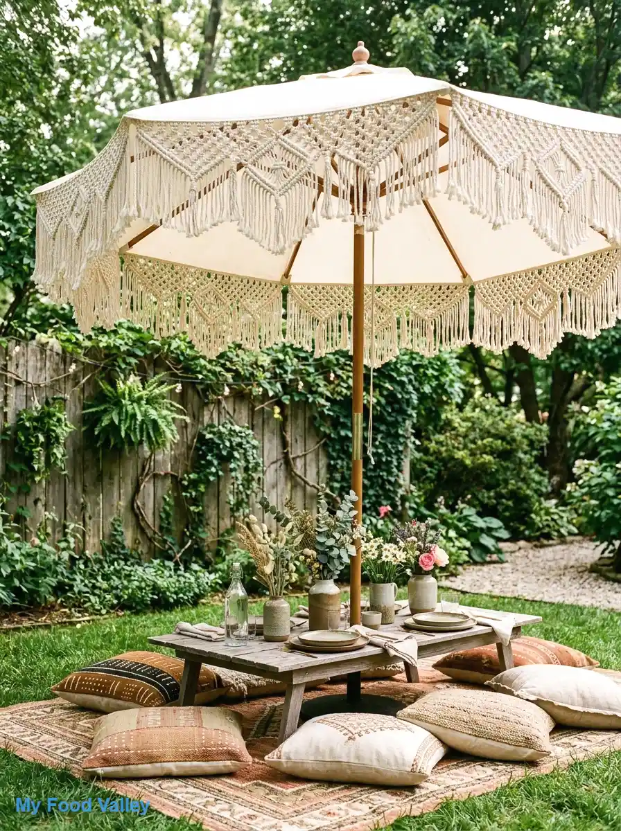 macrame-draped umbrella for a handcrafted canopy