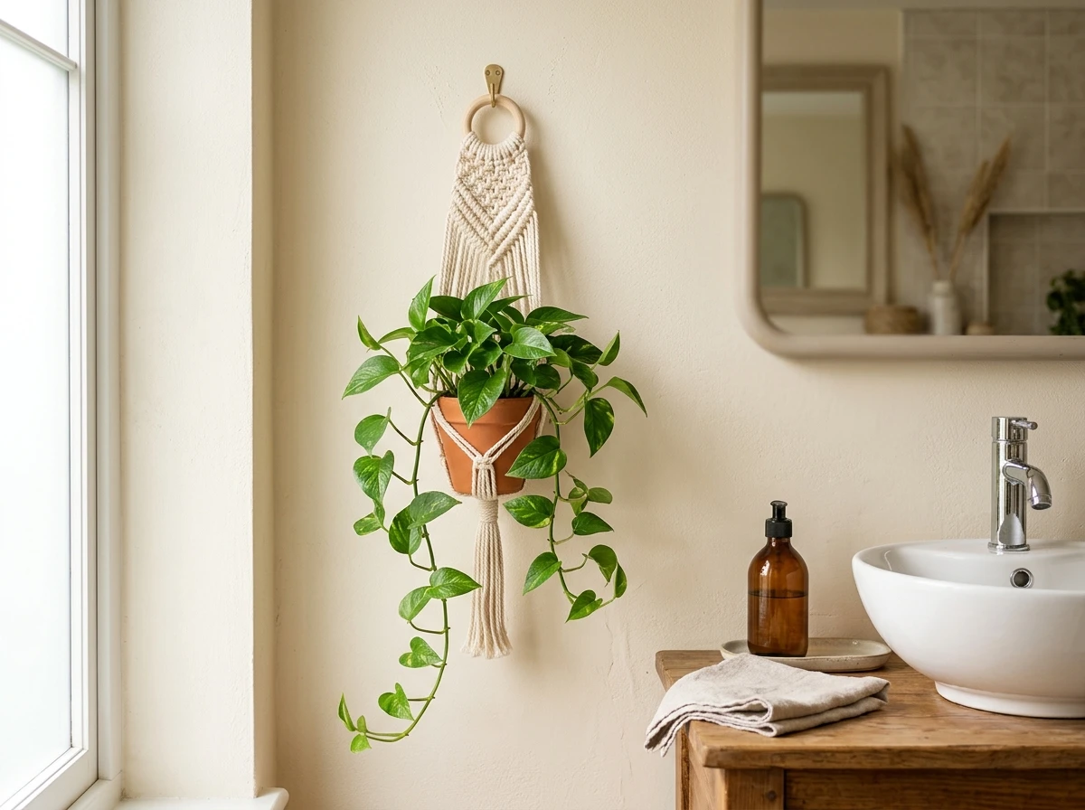 macrame plant hanger beside the sink