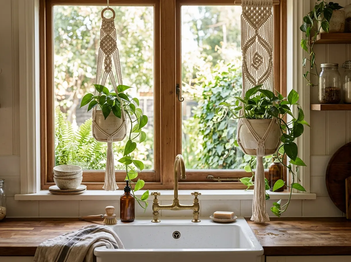 macrame plant hangers near the window above the sink