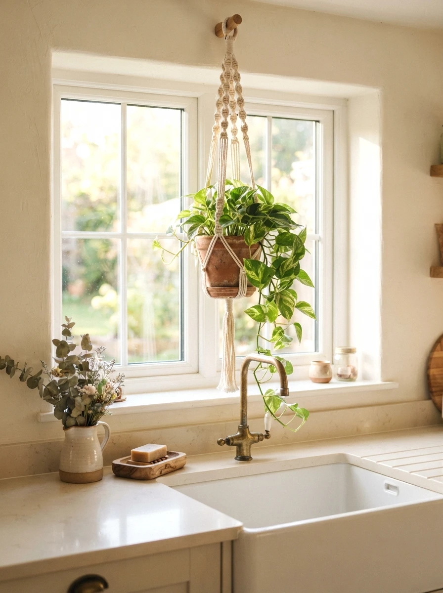 macrame plant hangers over the sink