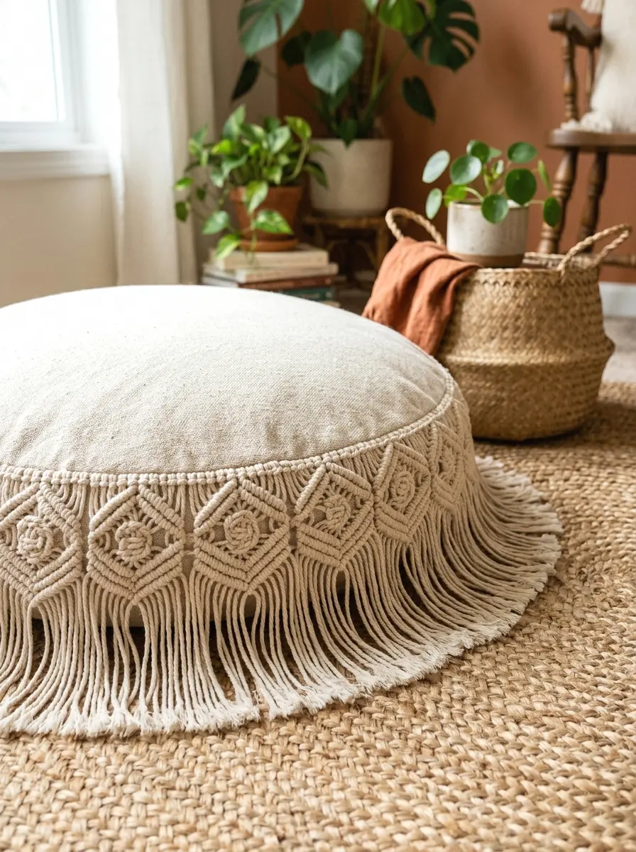 macrame-trimmed floor cushion