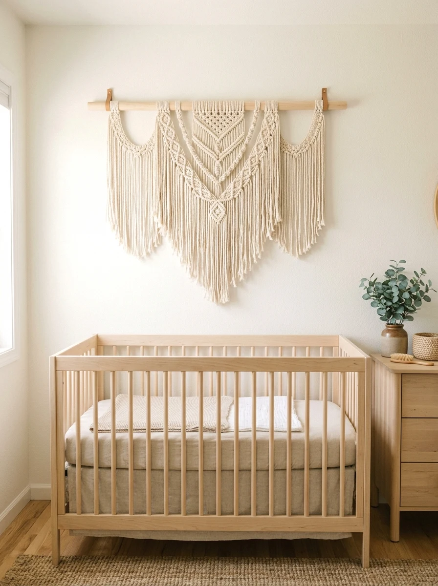 macrame wall hanging above the crib