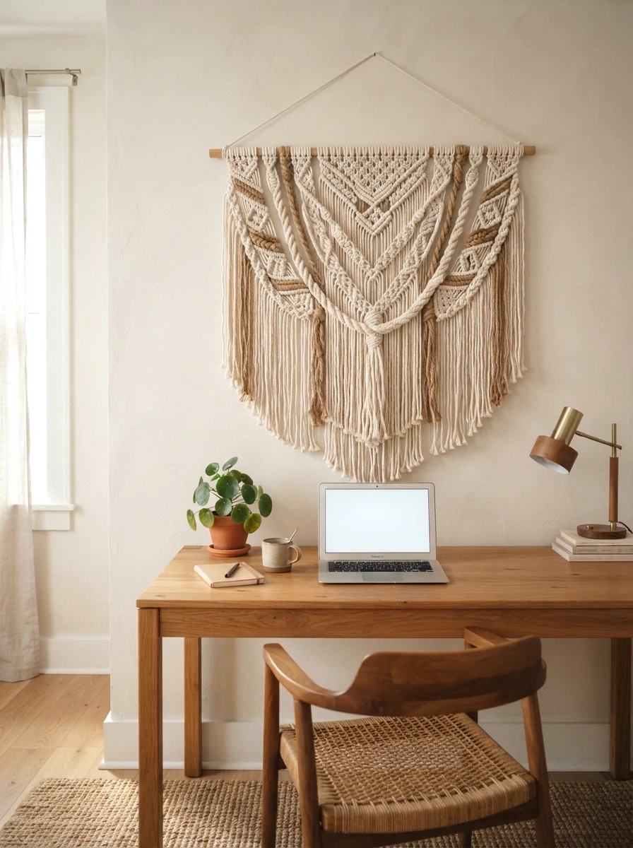 macrame wall hanging above the desk