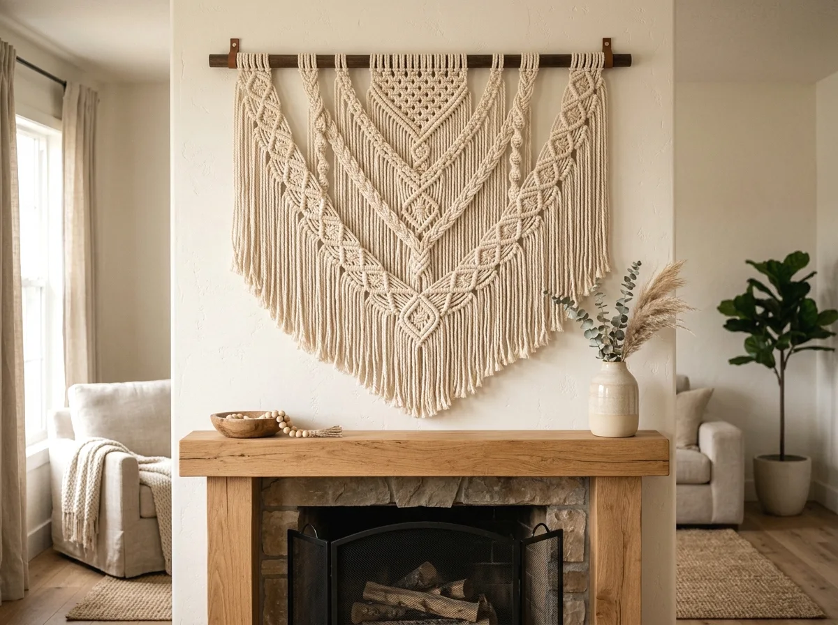 macrame wall hanging above the mantel