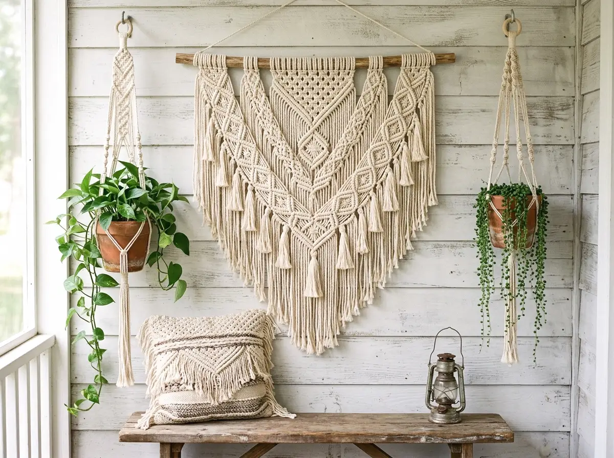 macrame wall hangings and plant hangers