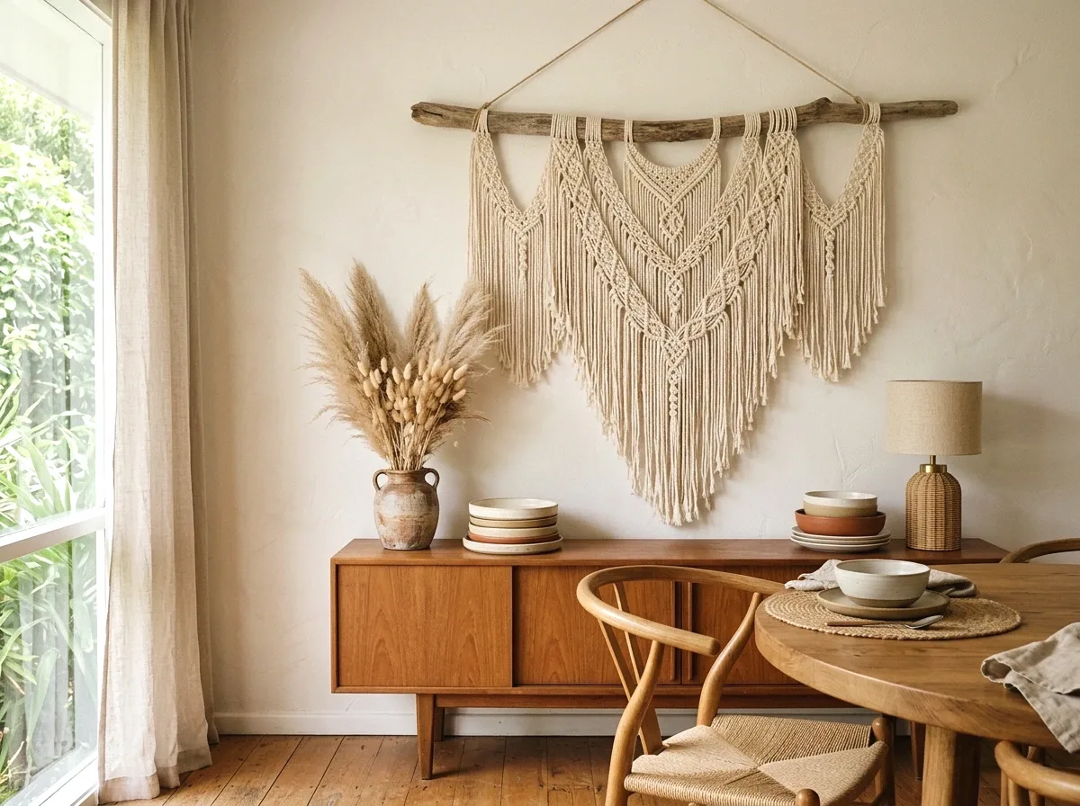 macrame wall hangings behind the dining area