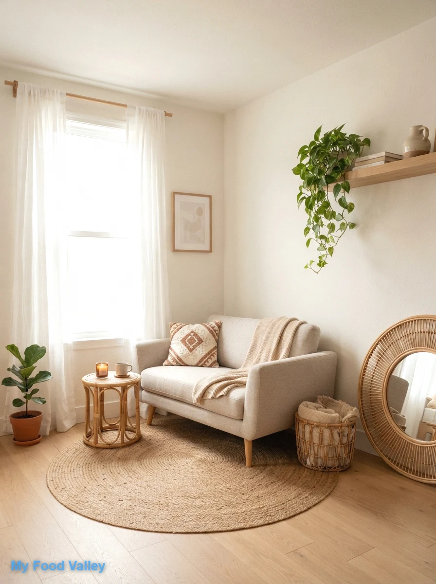 make a small boho living room feel bigger with light neutrals