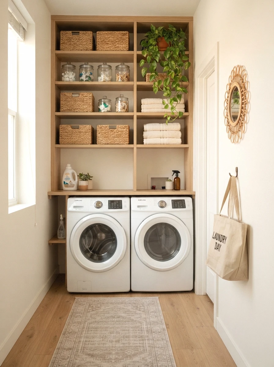 make a small laundry room feel bigger with light neutrals and vertical storage