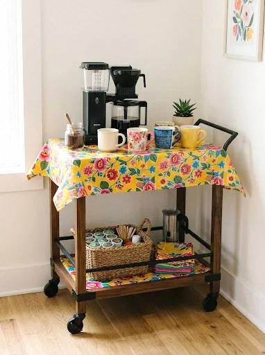 mexican oilcloth tablecloth bar cart