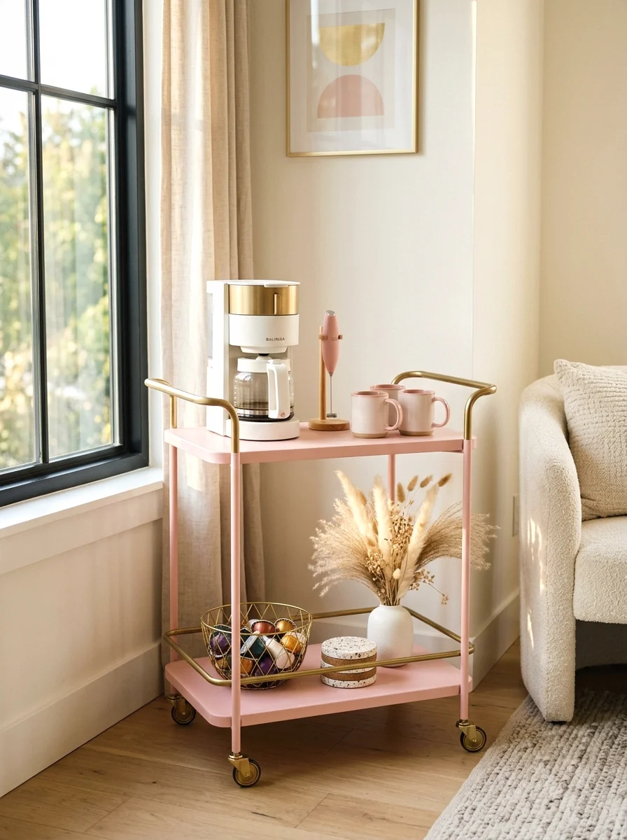 millennial pink bar cart coffee station