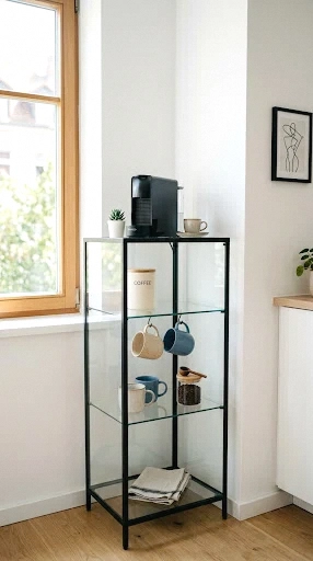 minimalist glass cube coffee bar