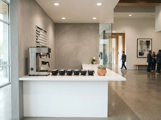 minimalist modern church lobby coffee bar