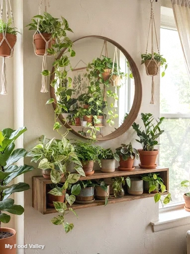 mirror placed to double a plant shelf