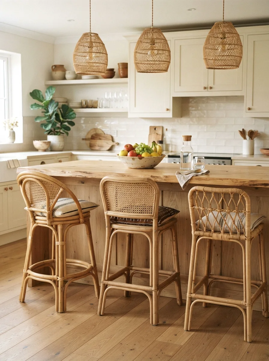 mismatched cane bar stools at the island