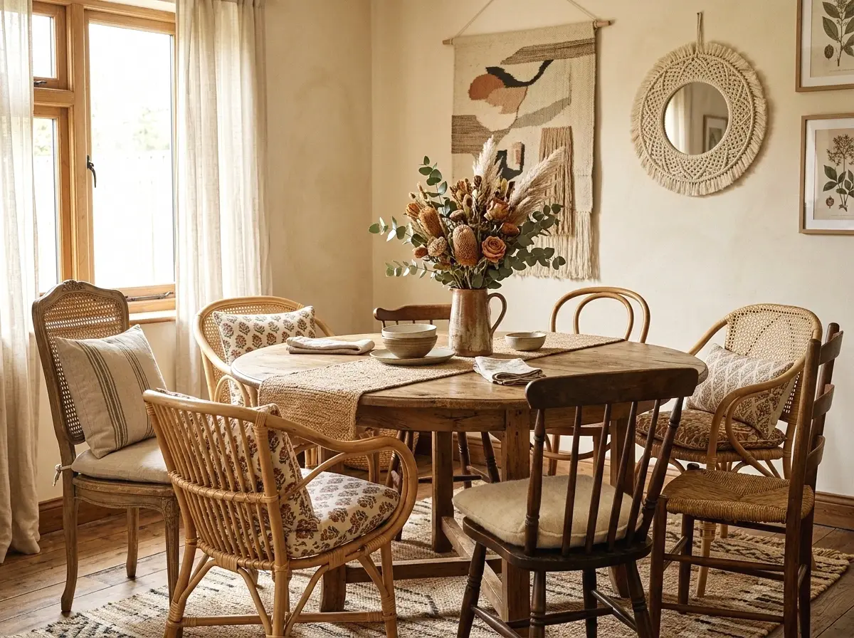 mismatched rattan and cane dining chairs