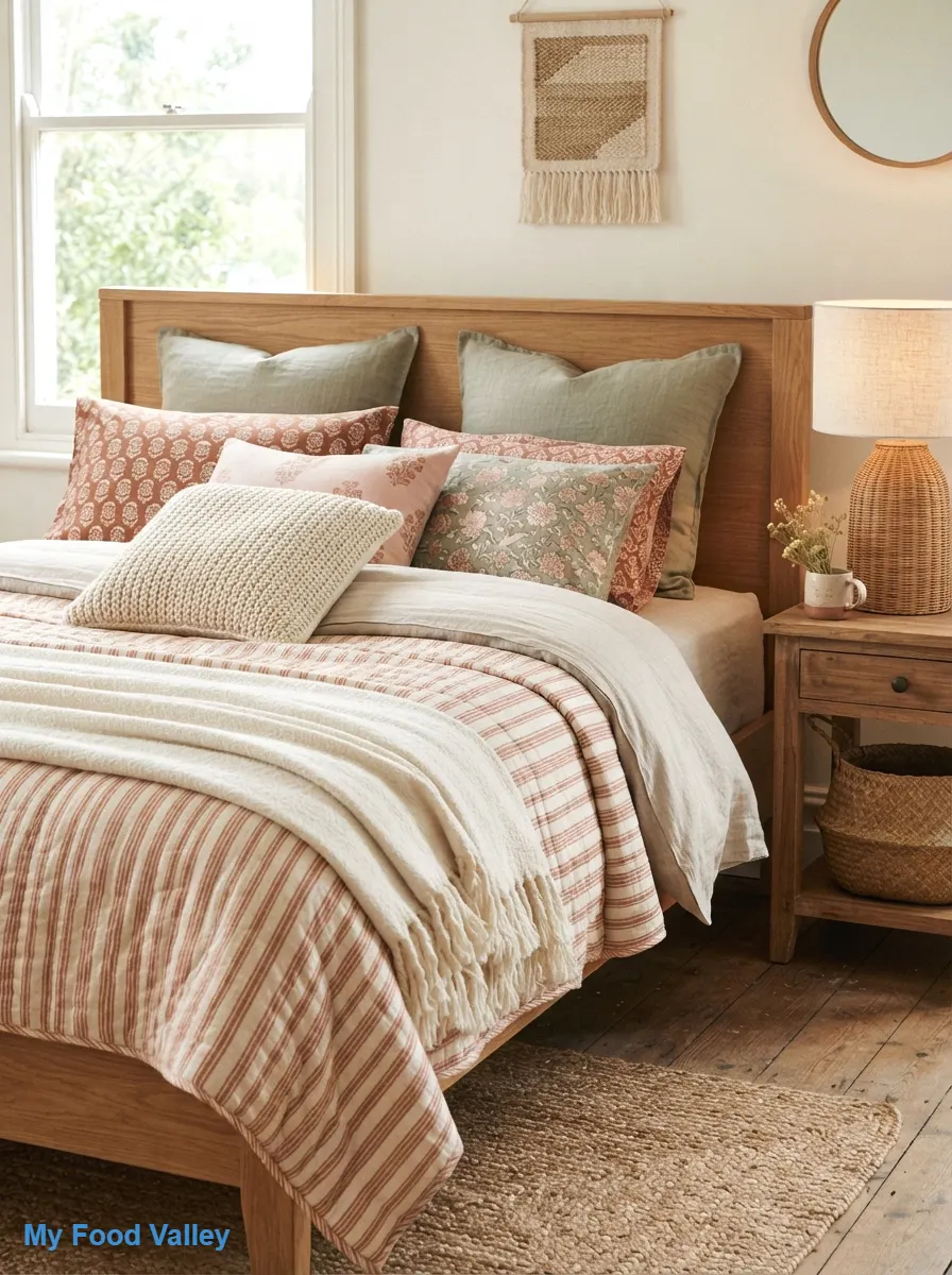 mixed-pattern bedding in a cohesive color story