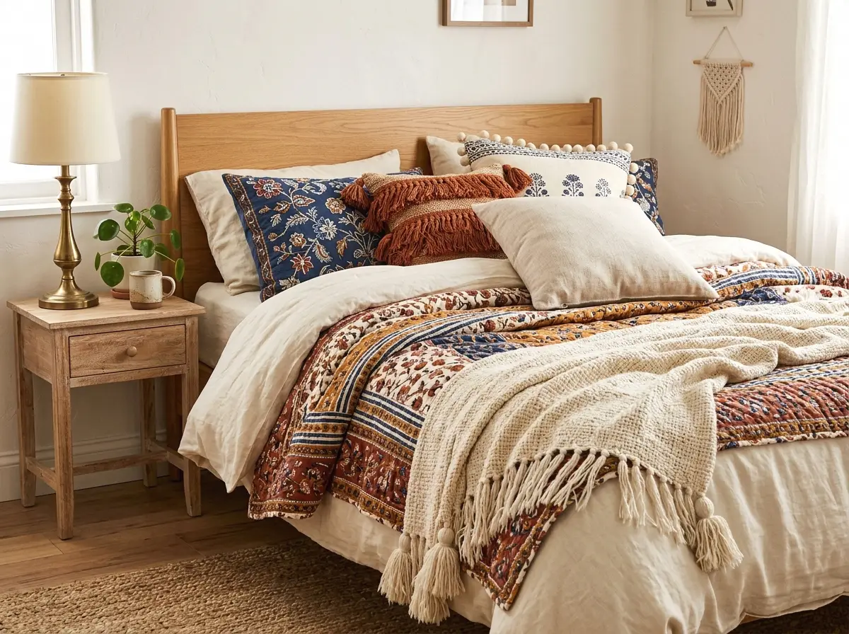 mixed pattern bedding with fringe and tassels