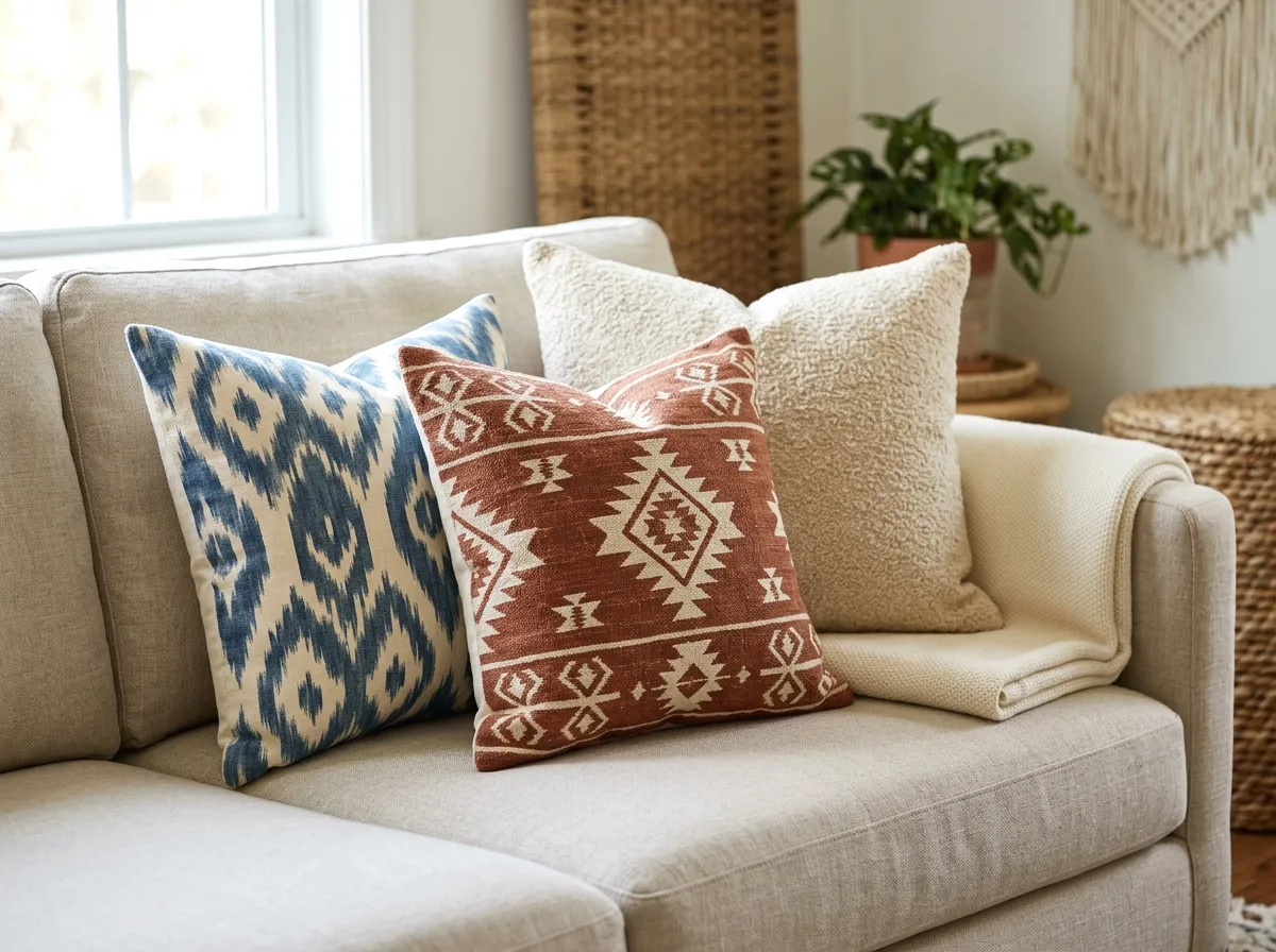 mixed pattern pillow stack (ikat, tribal, solid)