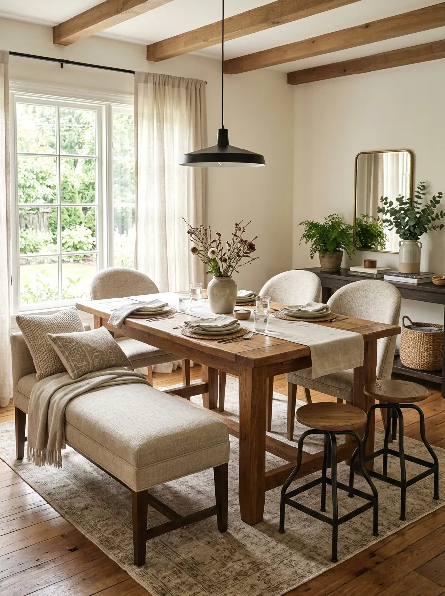 mixed seating with bench, chairs, and stools