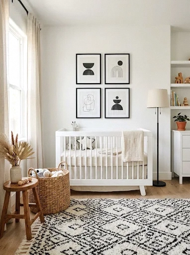 modern black-and-white boho nursery
