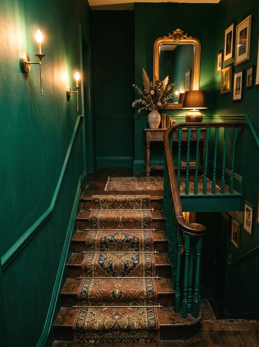 moody jewel tone staircase