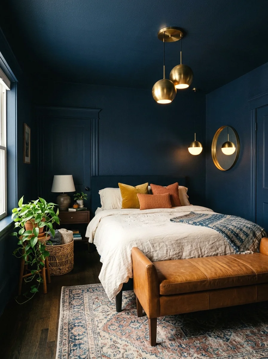 moody navy walls and ceiling for a drenched look