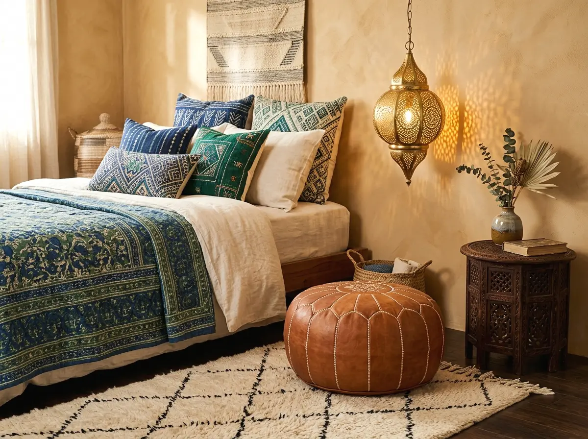 moroccan-inspired pouf and lantern details