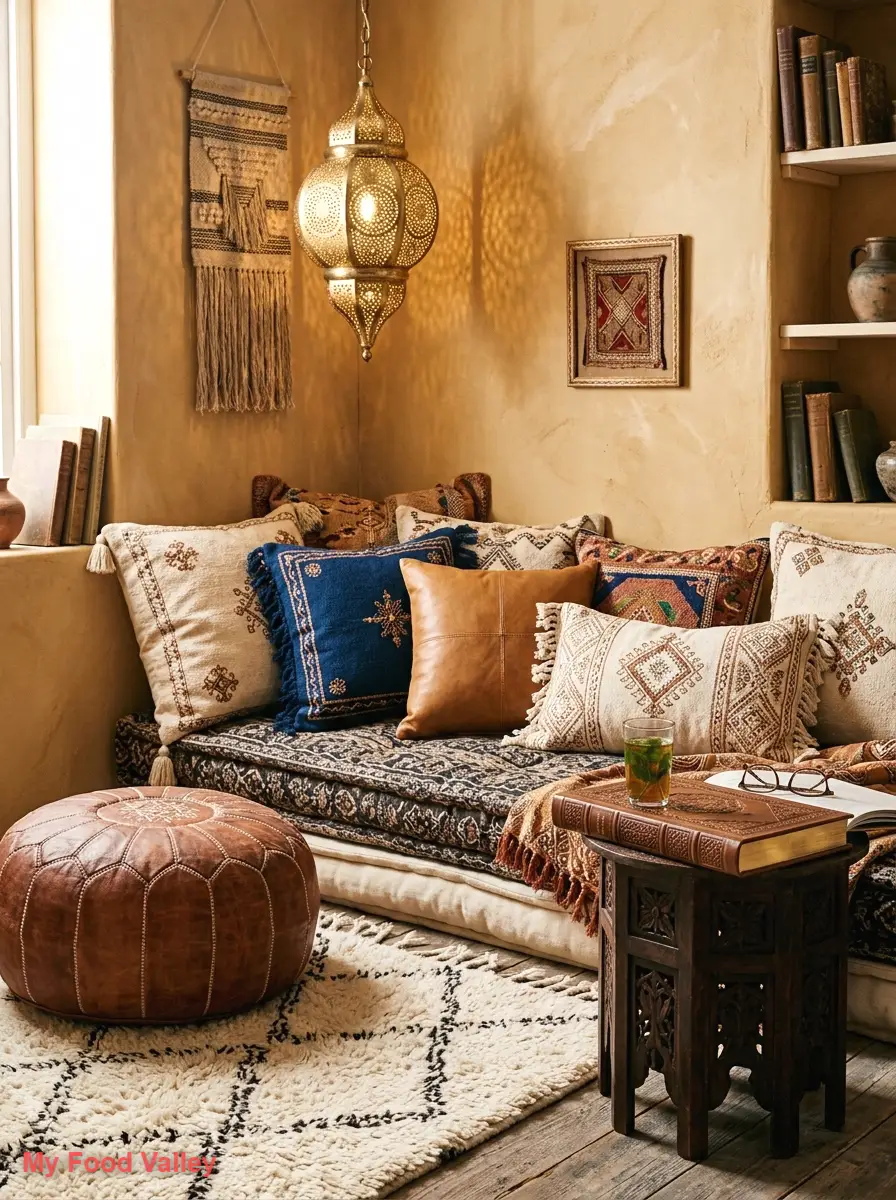 moroccan-inspired reading nook with poufs and lanterns