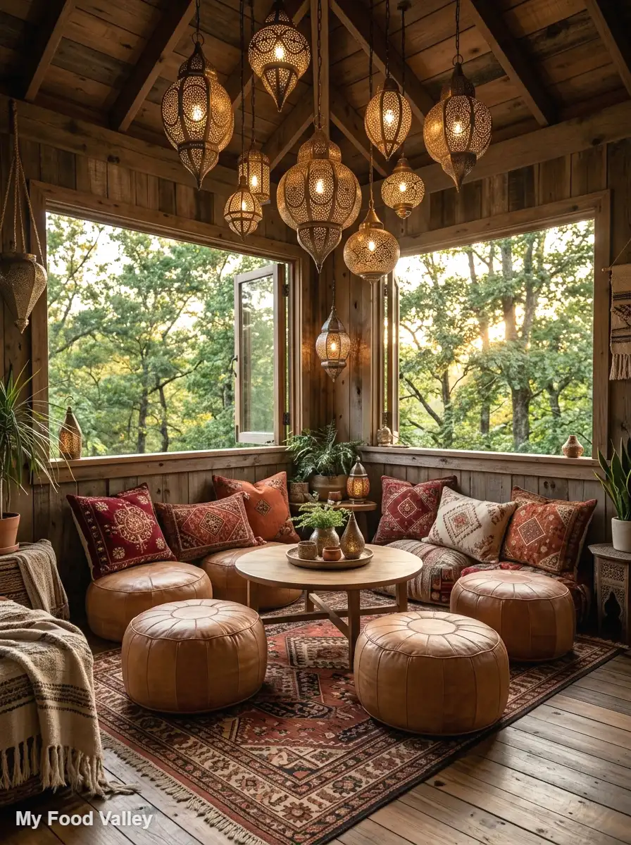 moroccan lanterns and pouf lounge