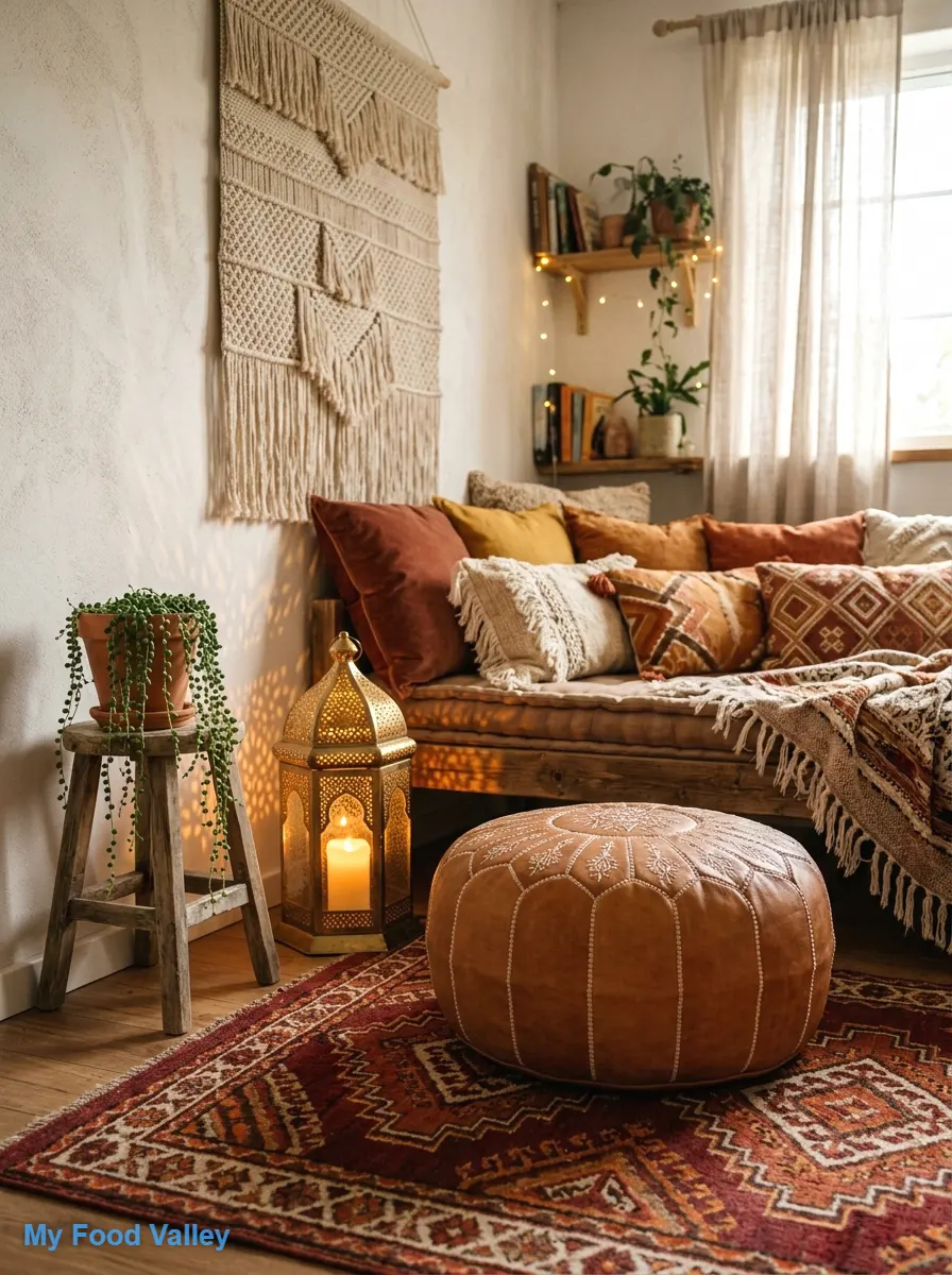 moroccan pouf and lantern corner